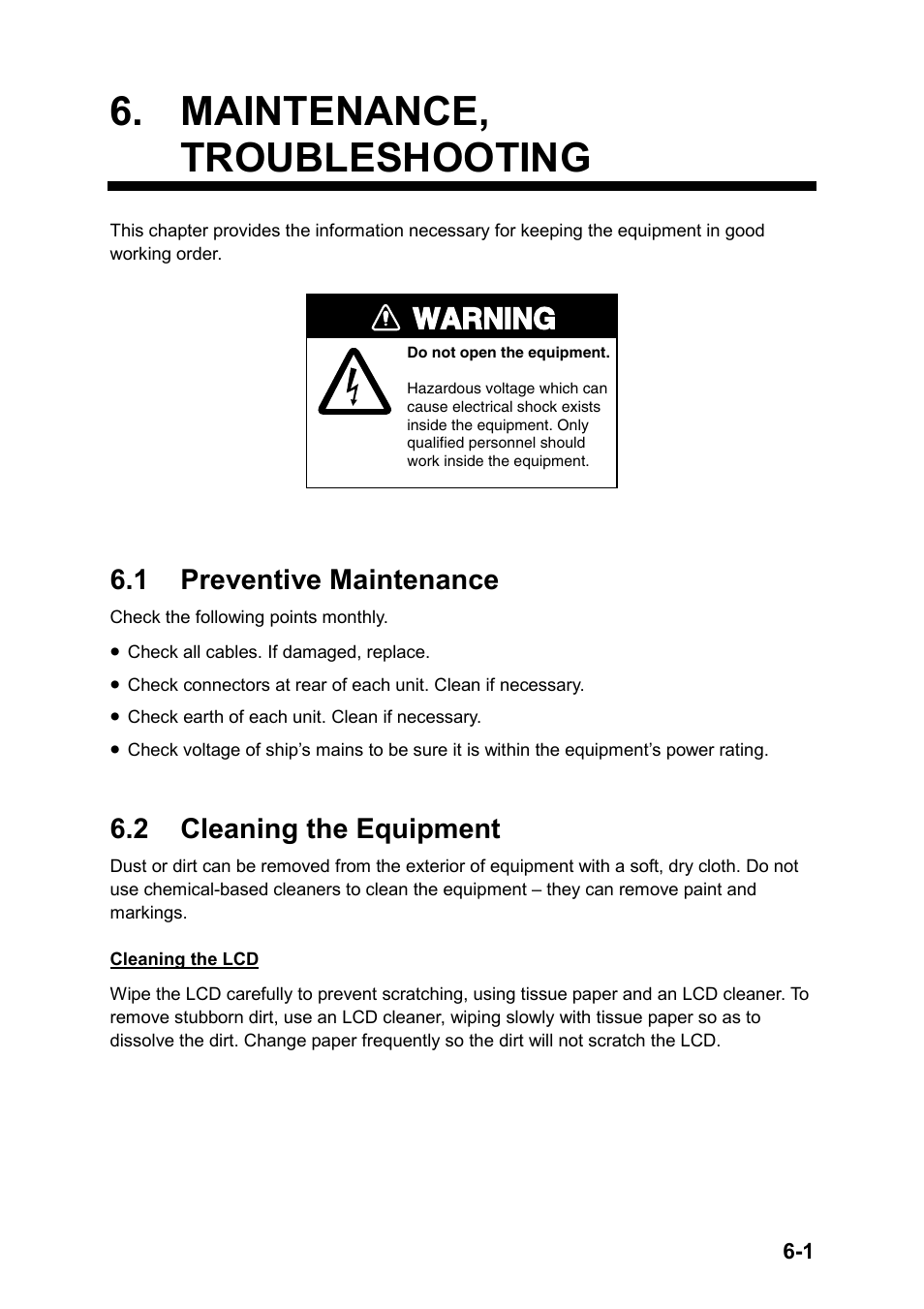 Maintenance, troubleshooting, 1 preventive maintenance, Warning | 2 cleaning the equipment | Furuno CH-270 User Manual | Page 105 / 118