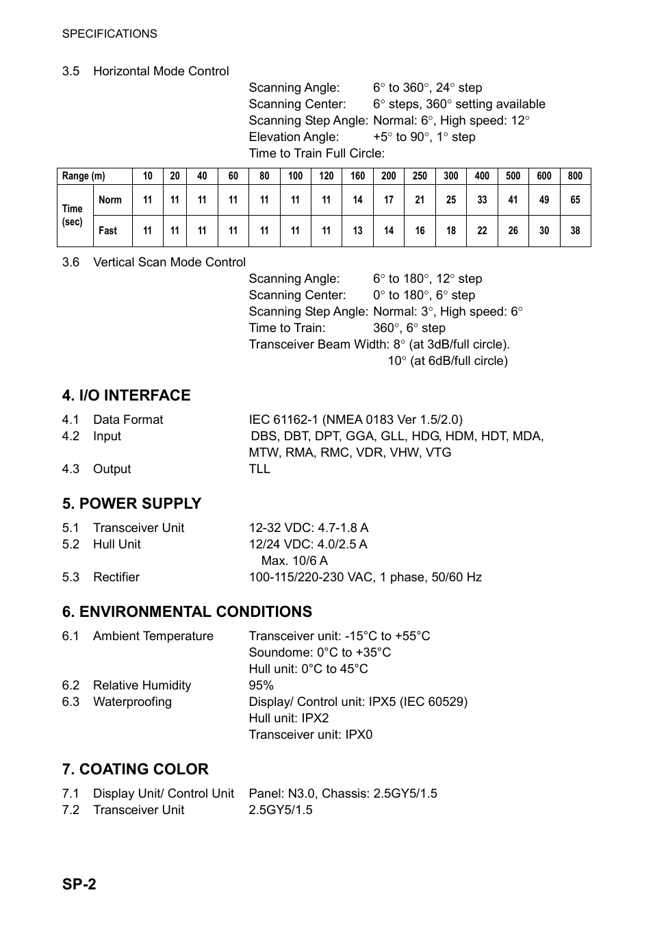 Sp-2, I/o interface, Power supply | Environmental conditions, Coating color | Furuno CH-270 User Manual | Page 116 / 118