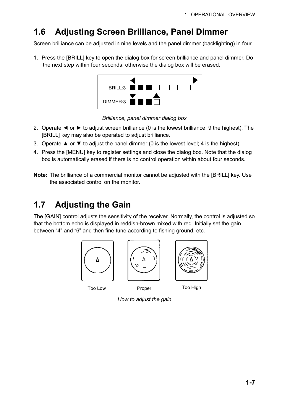 6 adjusting screen brilliance, panel dimmer, 7 adjusting the gain | Furuno CH-270 User Manual | Page 19 / 118