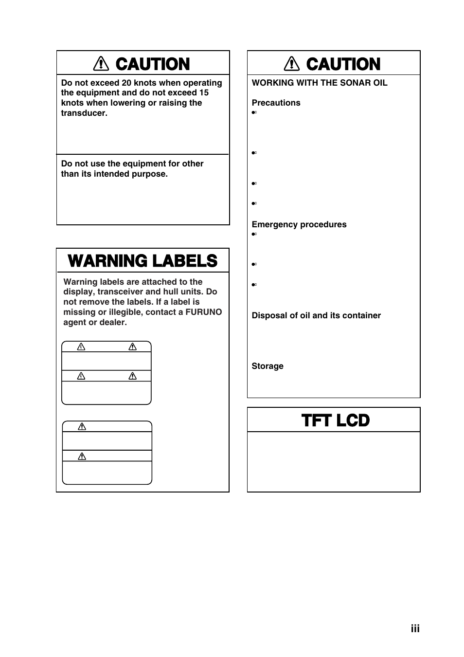 Caution, Tft lcd, Warning labels | Furuno CH-270 User Manual | Page 5 / 118