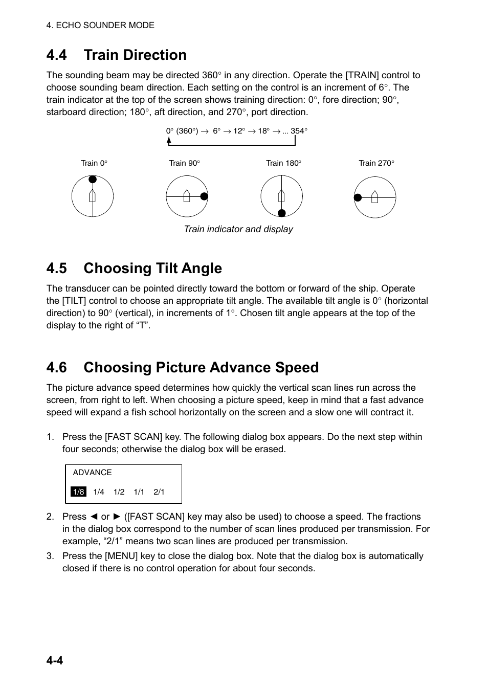 4 train direction, 5 choosing tilt angle, 6 choosing picture advance speed | Furuno CH-270 User Manual | Page 76 / 118