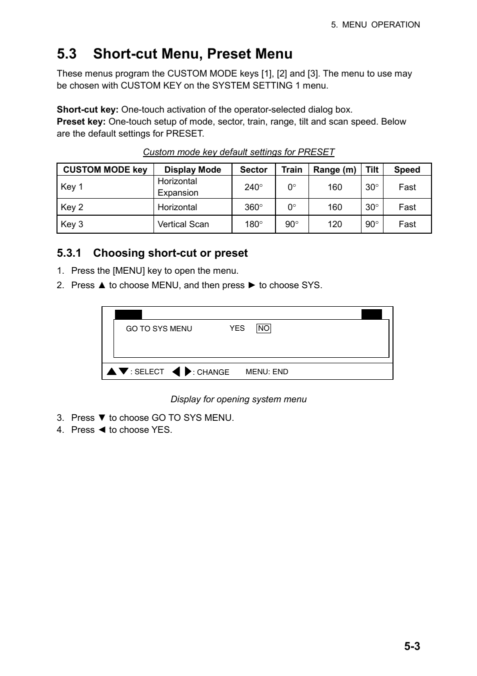 3 short-cut menu, preset menu, 1 choosing short-cut or preset | Furuno CH-270 User Manual | Page 87 / 118