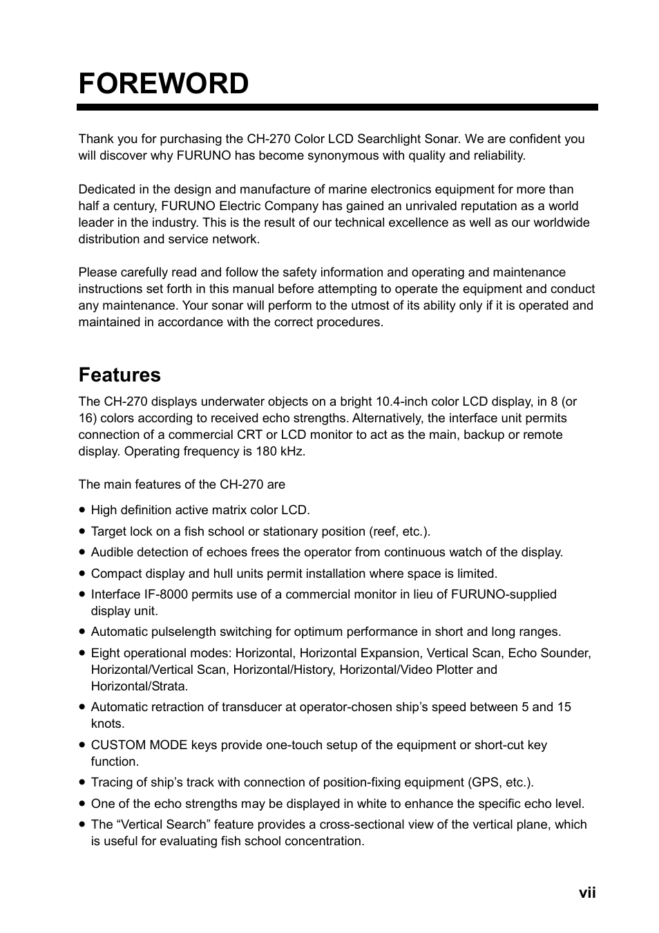 Foreword, Features | Furuno CH-270 User Manual | Page 9 / 118