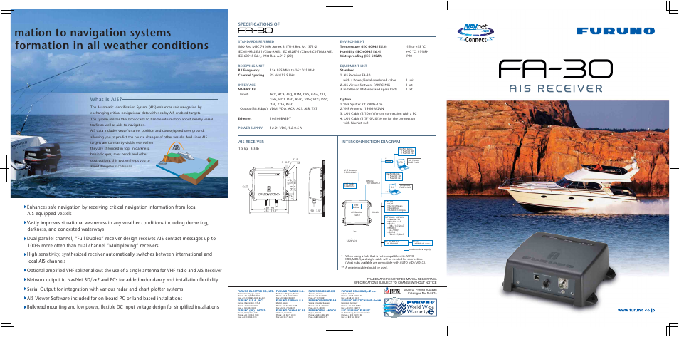 What is ais, Specifications of, Ais receiver interconnection diagram | Furuno FA30 User Manual | Page 3 / 6