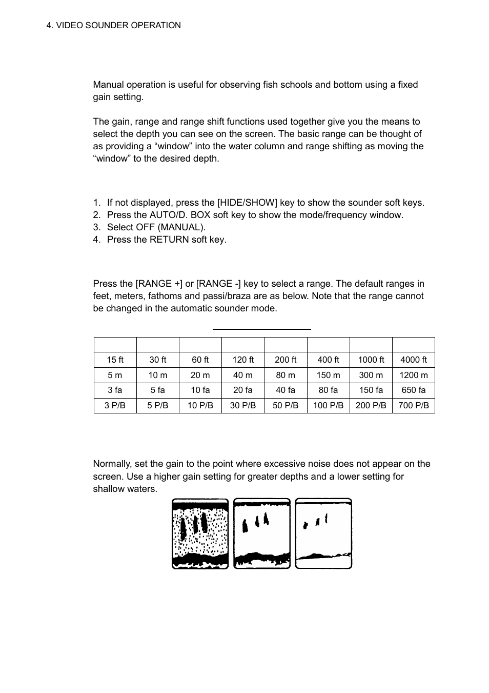 4 manual sounder operation, 1 selecting the manual mode, 2 selecting display range | 3 adjusting the gain | Furuno COLOR VIDEO PLOTTER 1933C User Manual | Page 154 / 251
