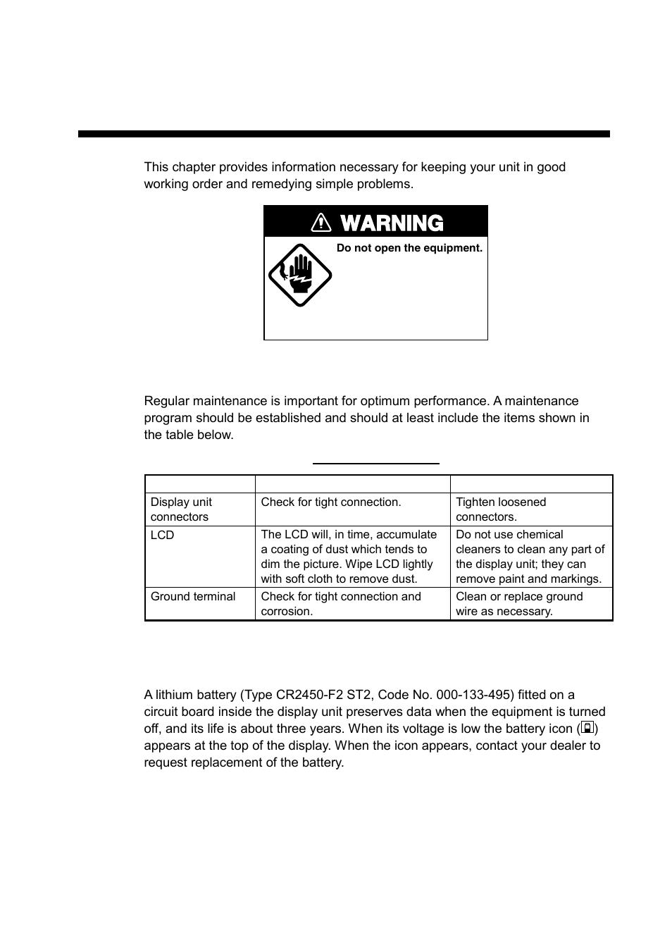 Maintenance, troubleshooting, 1 preventive maintenance, 2 replacement of battery | Warning | Furuno COLOR VIDEO PLOTTER 1933C User Manual | Page 215 / 251