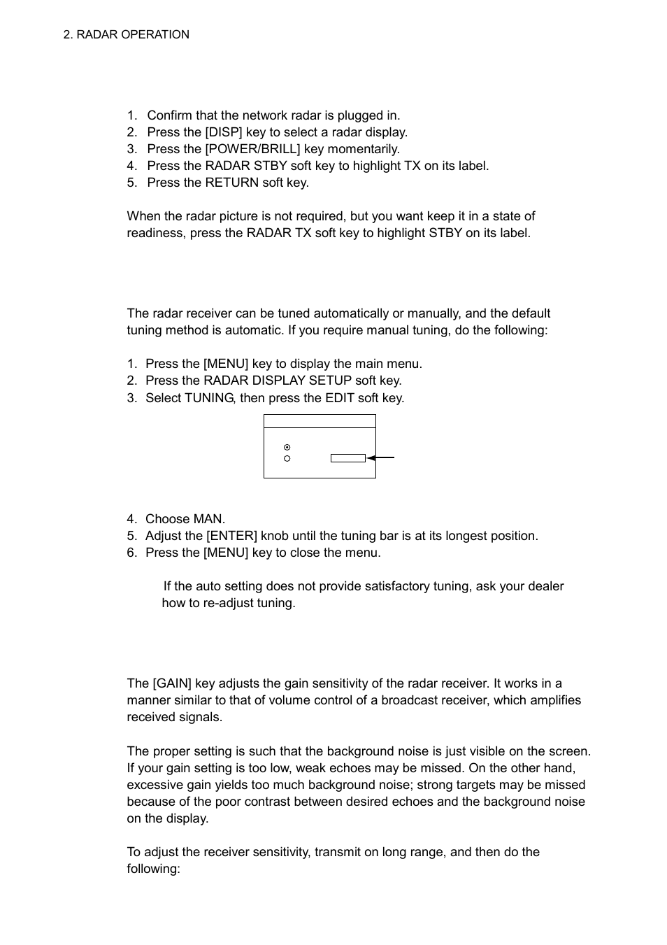 2 transmitting, stand-by, 3 tuning, 4 adjusting the gain | Furuno COLOR VIDEO PLOTTER 1933C User Manual | Page 36 / 251