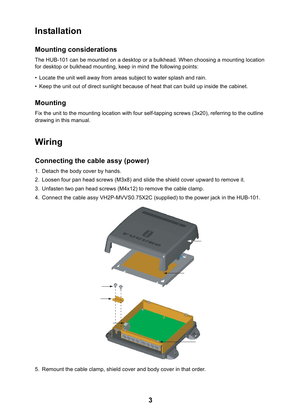 Installation, Wiring, Mounting considerations | Mounting, Connecting the cable assy (power) | Furuno Hub-101 User Manual | Page 3 / 6
