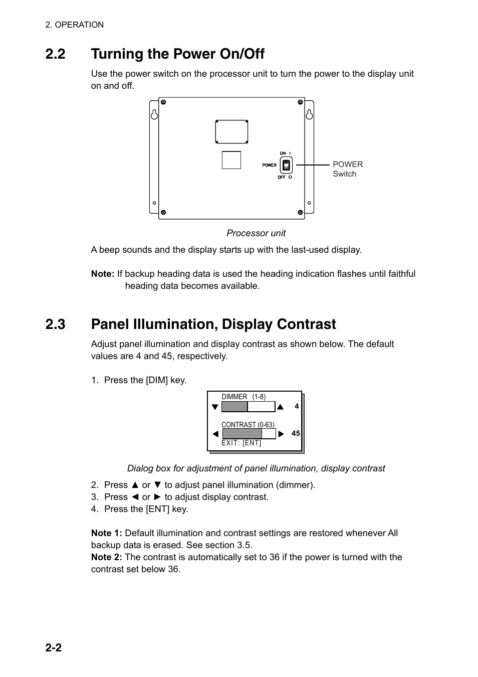 2 turning the power on/off, 3 panel illumination, display contrast | Furuno SC-110 User Manual | Page 32 / 89