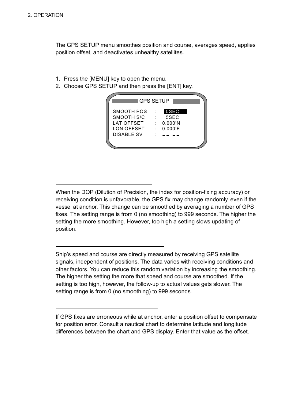 7 gps setup, 1 displaying the gps setup menu, 2 gps setup menu description | Furuno SC-110 User Manual | Page 38 / 89