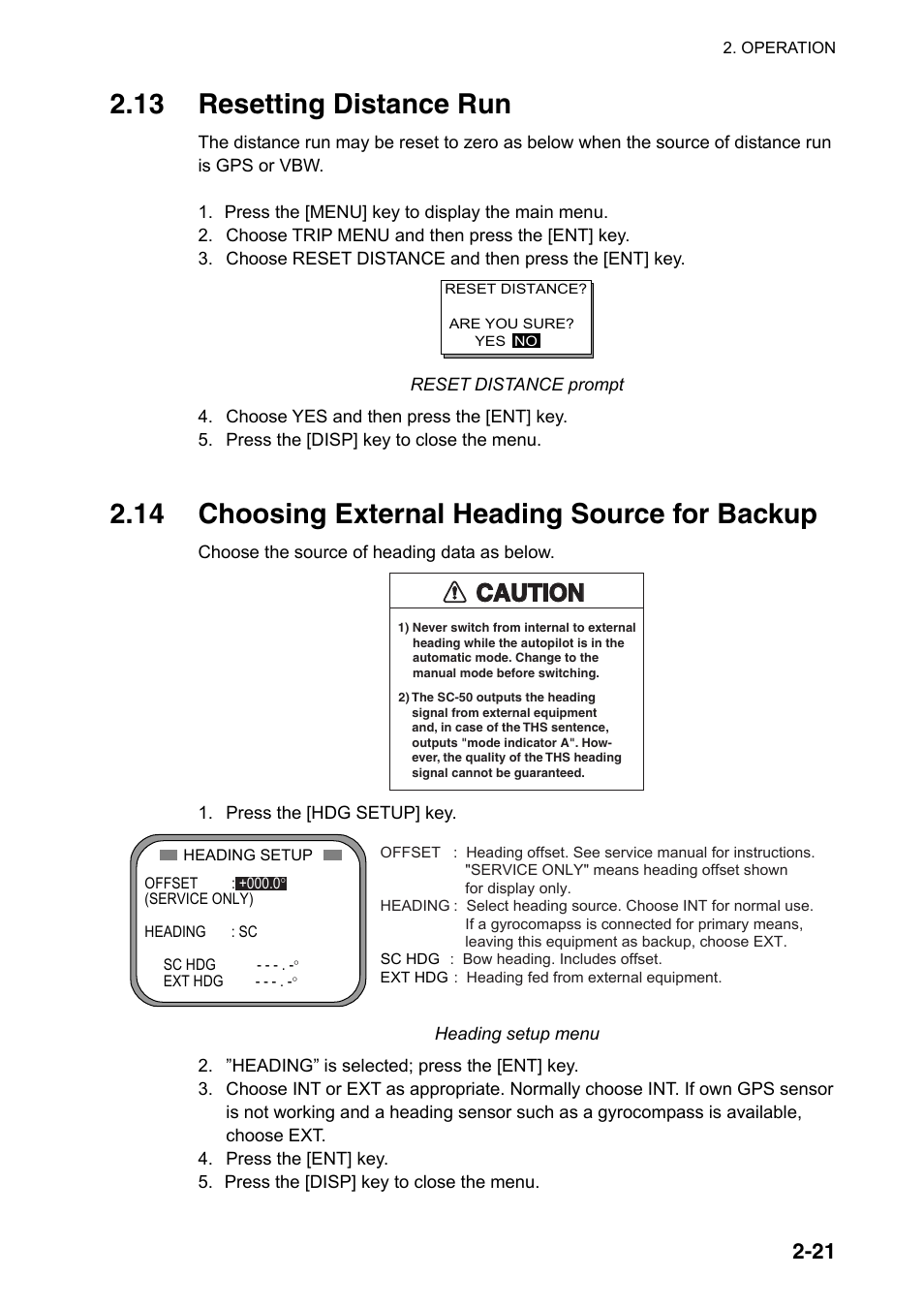 13 resetting distance run, 14 choosing external heading source for backup, Caution | Furuno SC-110 User Manual | Page 51 / 89