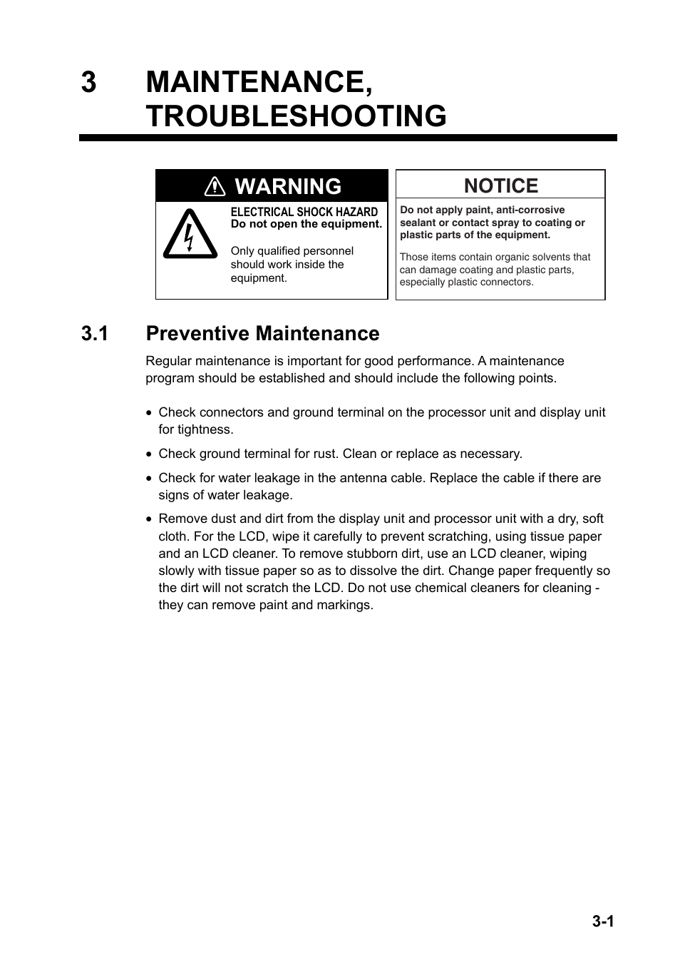 3 maintenance, troubleshootiing, 1 preventive maintenance, 3 maintenance, troubleshooting | Warning, Notice | Furuno SC-110 User Manual | Page 53 / 89