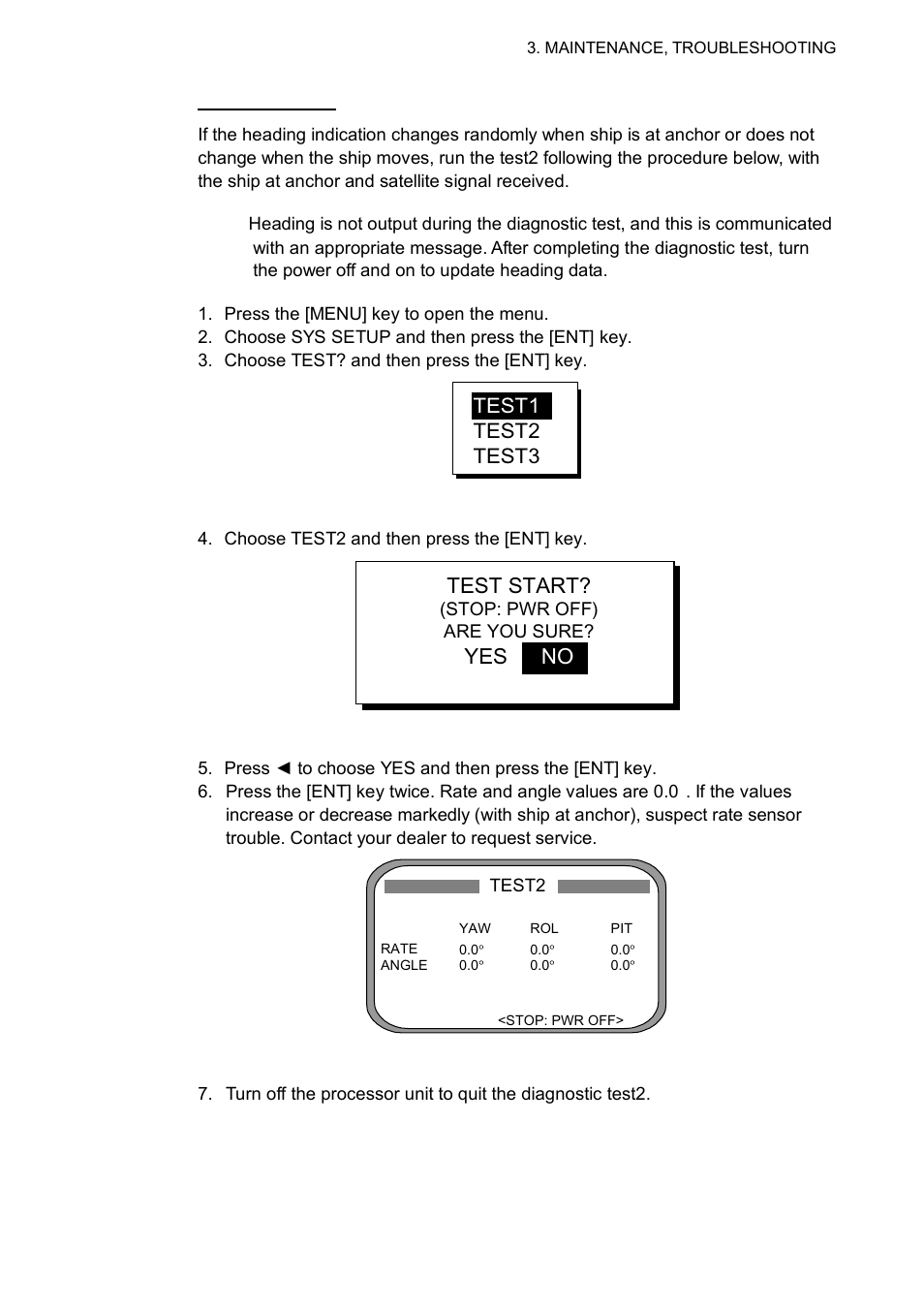 Test start, Yes no, Test1 test2 test3 | Furuno SC-110 User Manual | Page 57 / 89