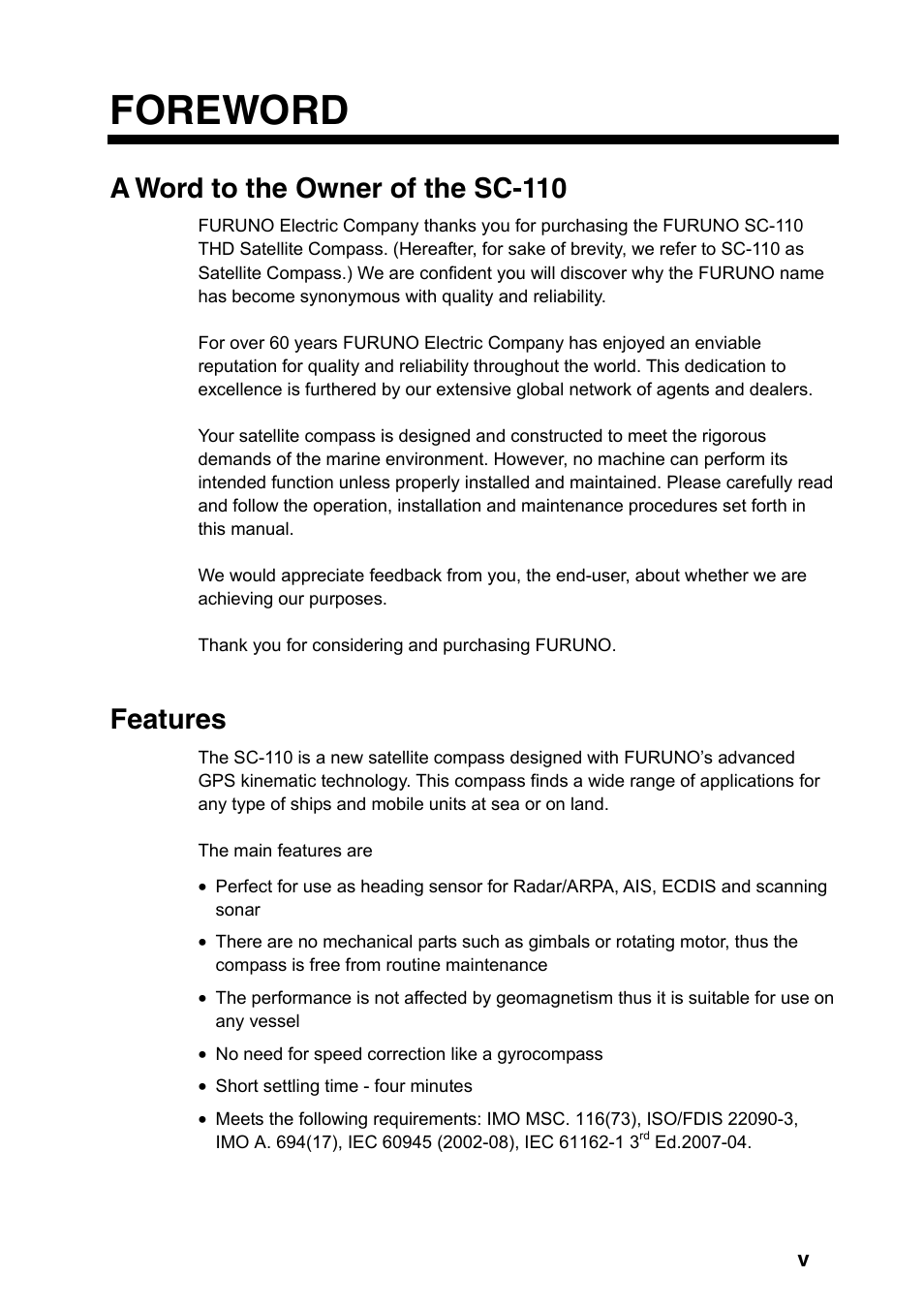 Foreword, A word to the owner of the sc-110, Features | Furuno SC-110 User Manual | Page 7 / 89