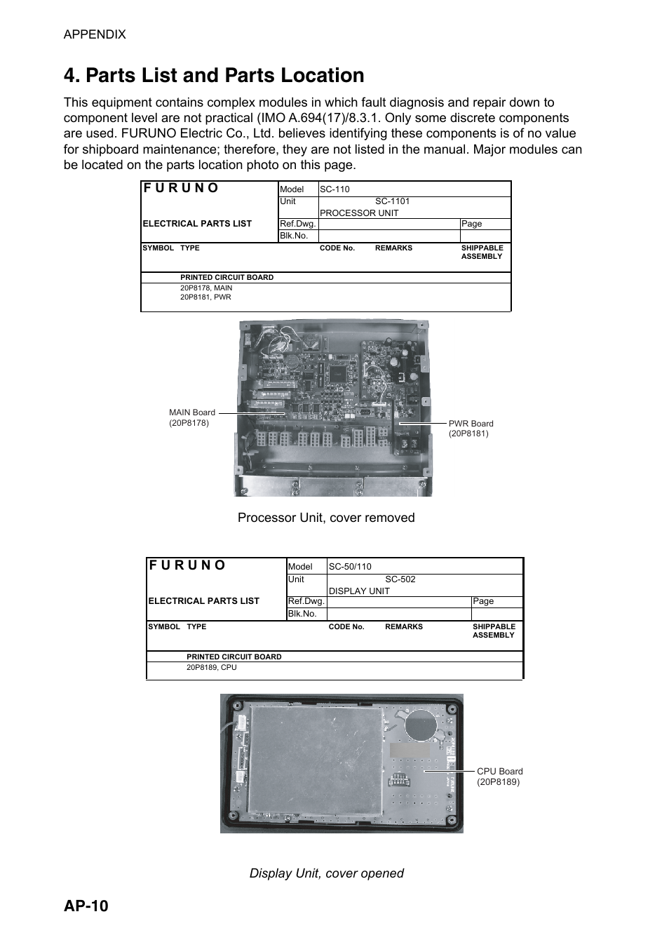 Parts list and parts location, Ap-10, Appendix | Furuno SC-110 User Manual | Page 72 / 89