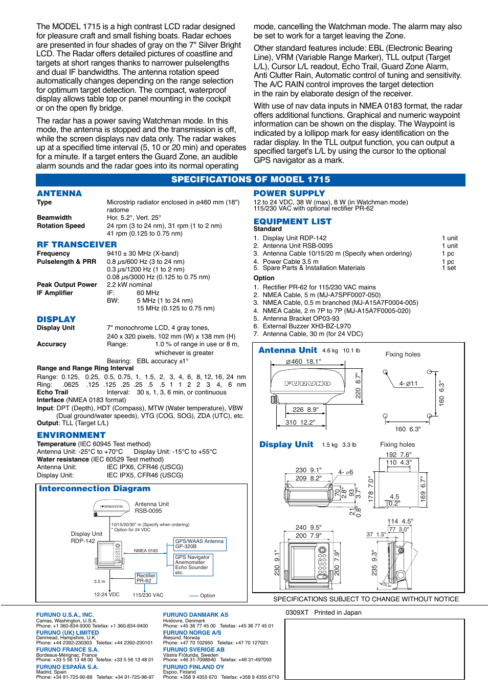 Specifications of model 1715, Antenna, Rf transceiver | Display, Environment, Power supply, Equipment list, Interconnection diagram, Antenna unit, Display unit | Furuno 1715 User Manual | Page 2 / 2