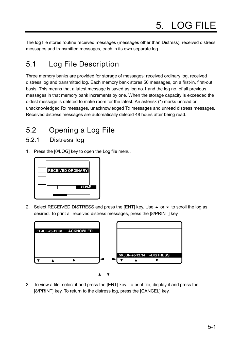 Log file, 1 log file description, 2 opening a log file | 1 distress log | Furuno RC-1500-1T User Manual | Page 127 / 418