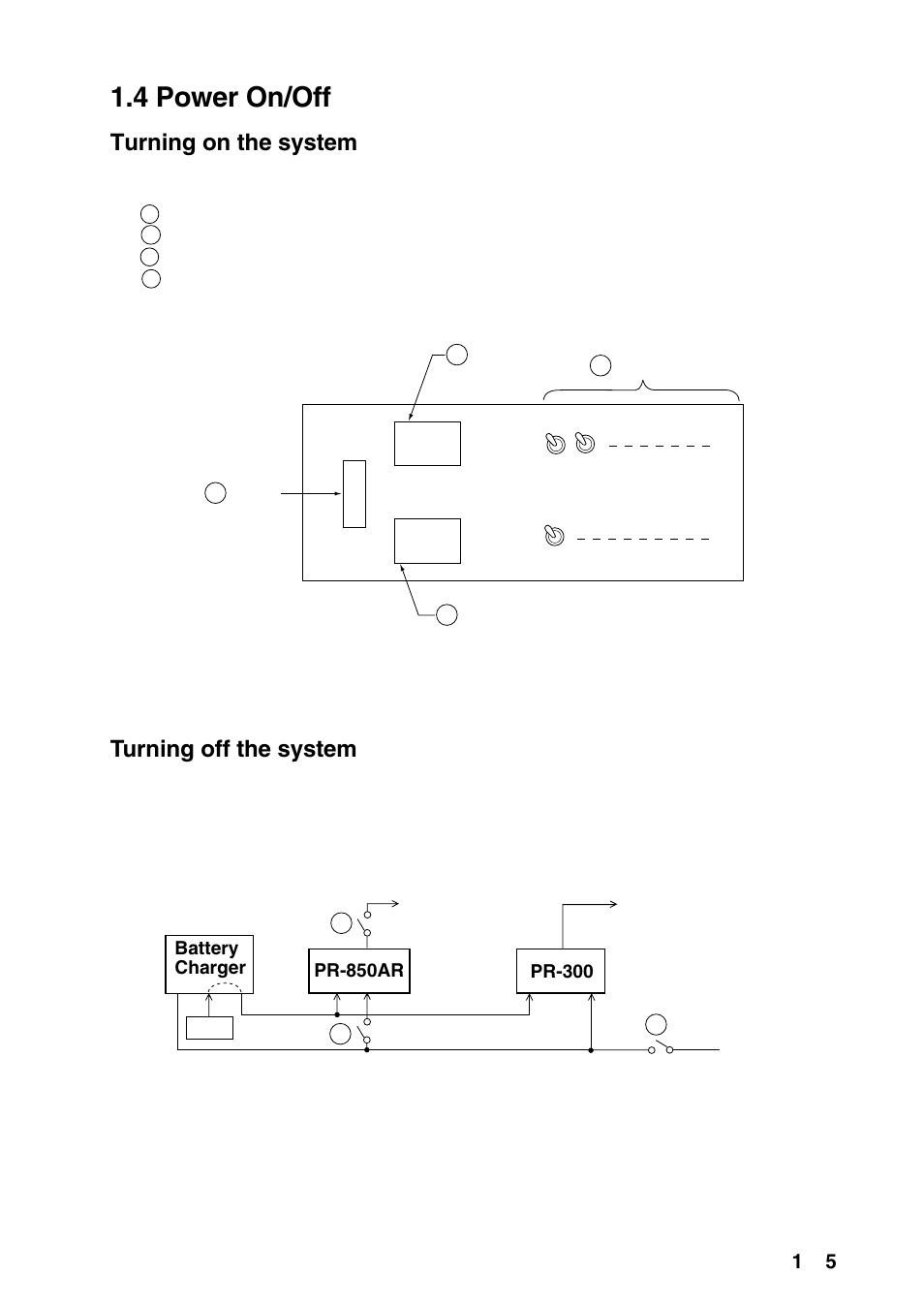 Chapter 2 rc-1500-1t control panel and pp-510, 1 rc-1500-1t control panel, 4 power on/off | Turning on the system, Turning off the system | Furuno RC-1500-1T User Manual | Page 13 / 418