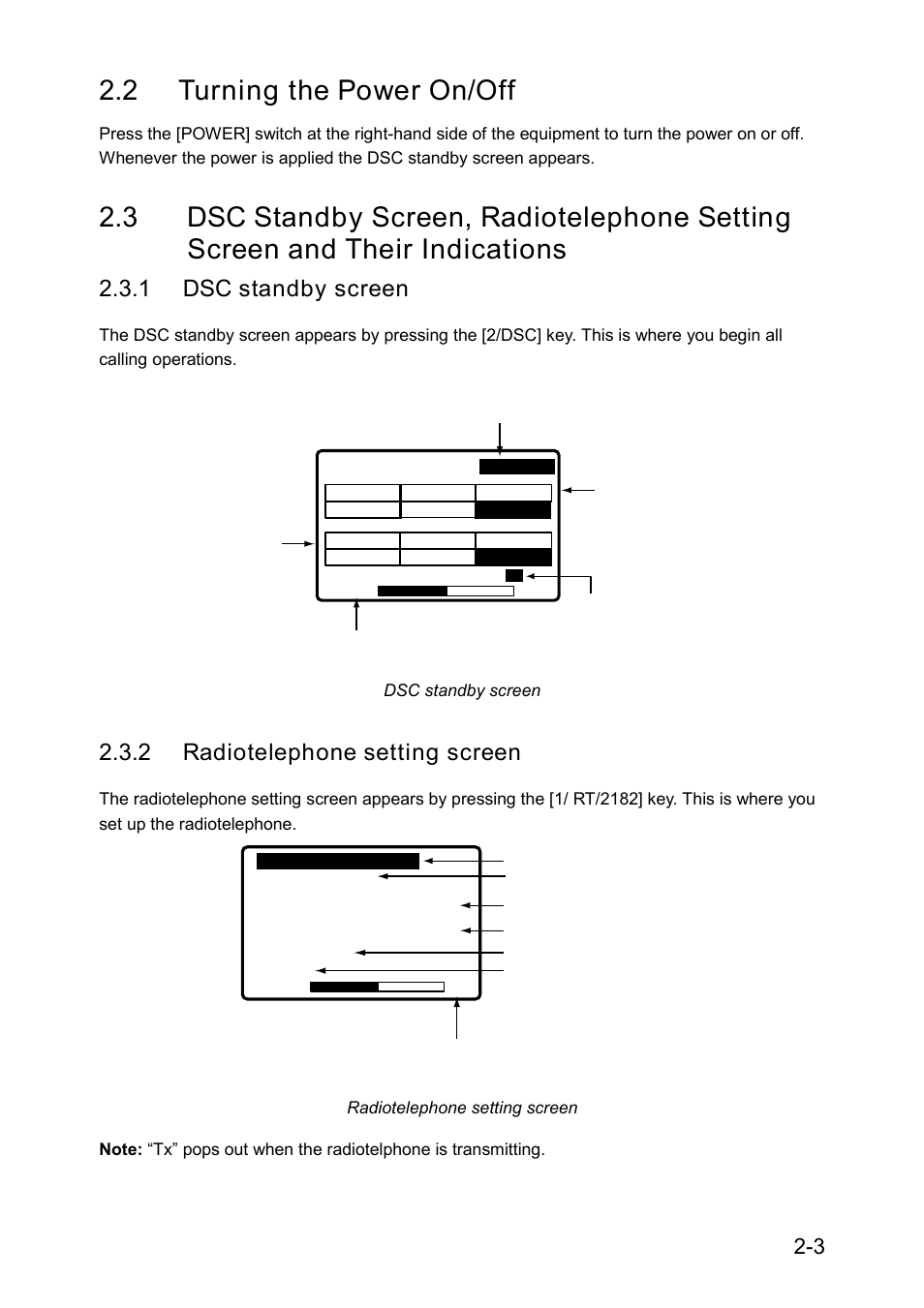 2 turning the power on/off, 1 dsc standby screen, 2 radiotelephone setting screen | Furuno RC-1500-1T User Manual | Page 43 / 418