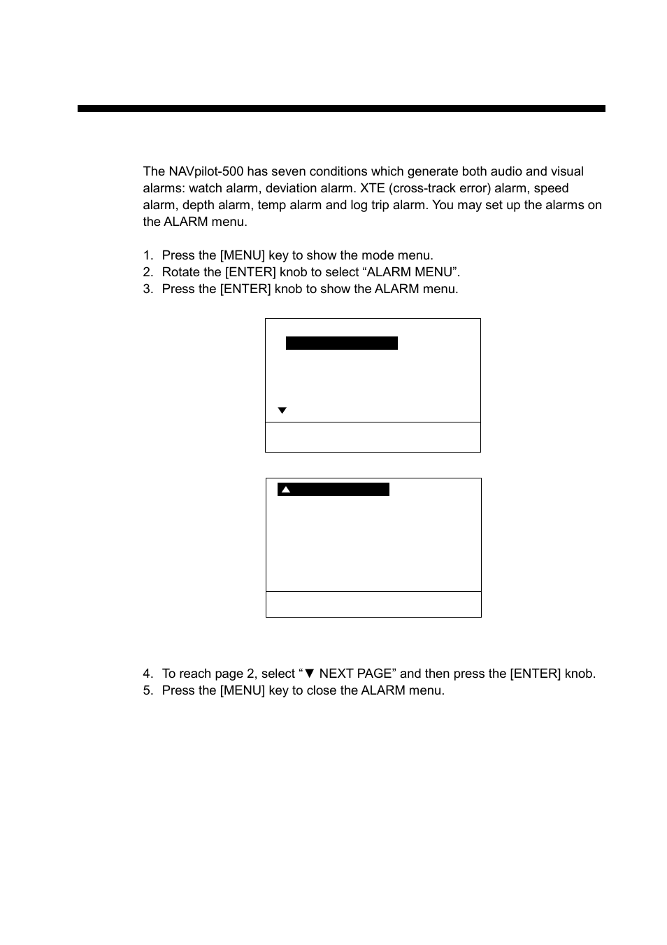 Alarms, 1 alarm menu | Furuno NAVpilot NAVpilot-500 User Manual | Page 52 / 73