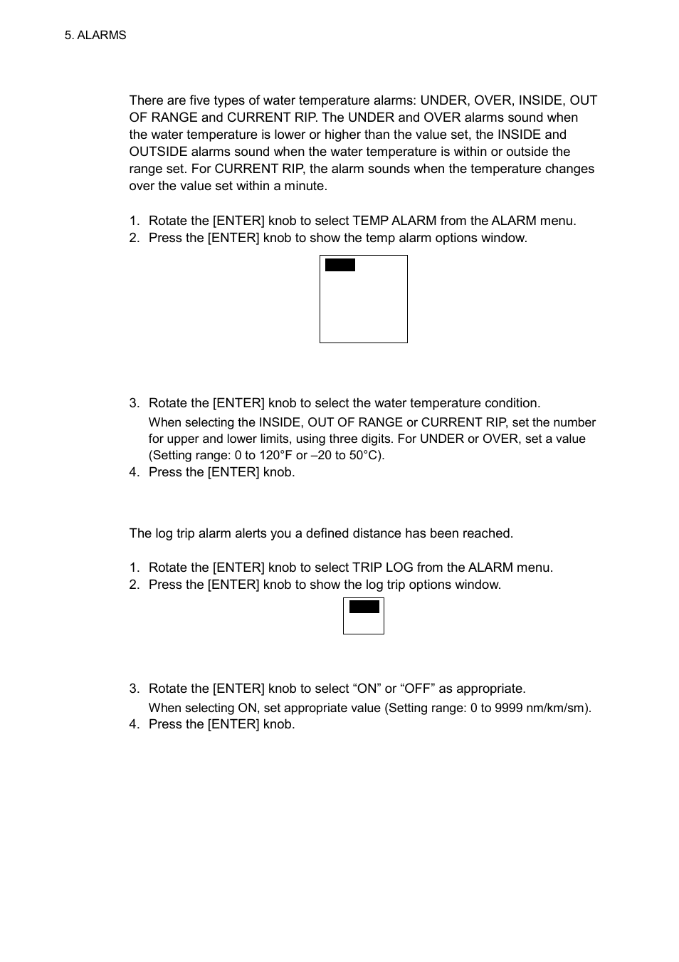 6 5.1.8 setting the temperature alarm, 9 setting the trip distance alarm | Furuno NAVpilot NAVpilot-500 User Manual | Page 57 / 73