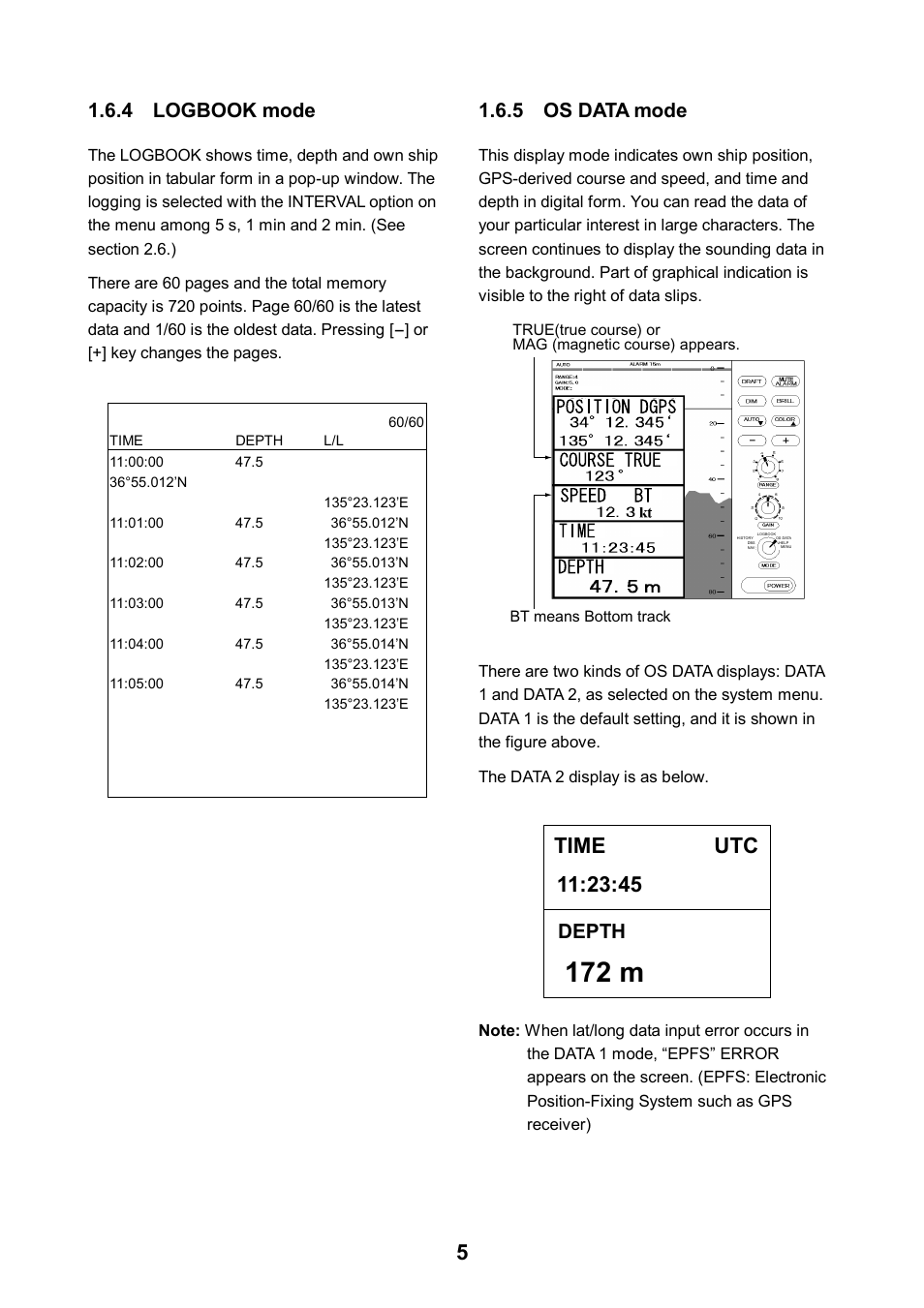 172 m, 4 logbook mode, 5 os data mode | Depth | Furuno FE-700 User Manual | Page 15 / 44
