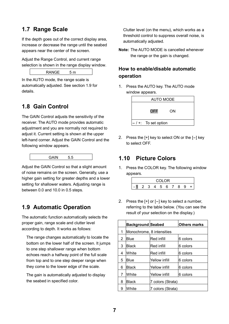 7 range scale, 8 gain control, 9 automatic operation | 10 picture colors | Furuno FE-700 User Manual | Page 17 / 44