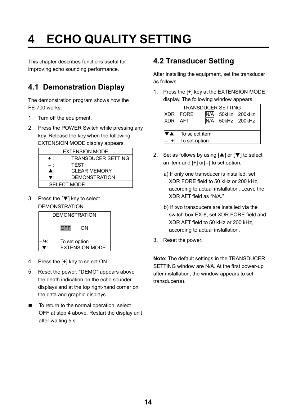 4 echo quality setting, 1 demonstration display, 2 transducer setting | Furuno FE-700 User Manual | Page 24 / 44