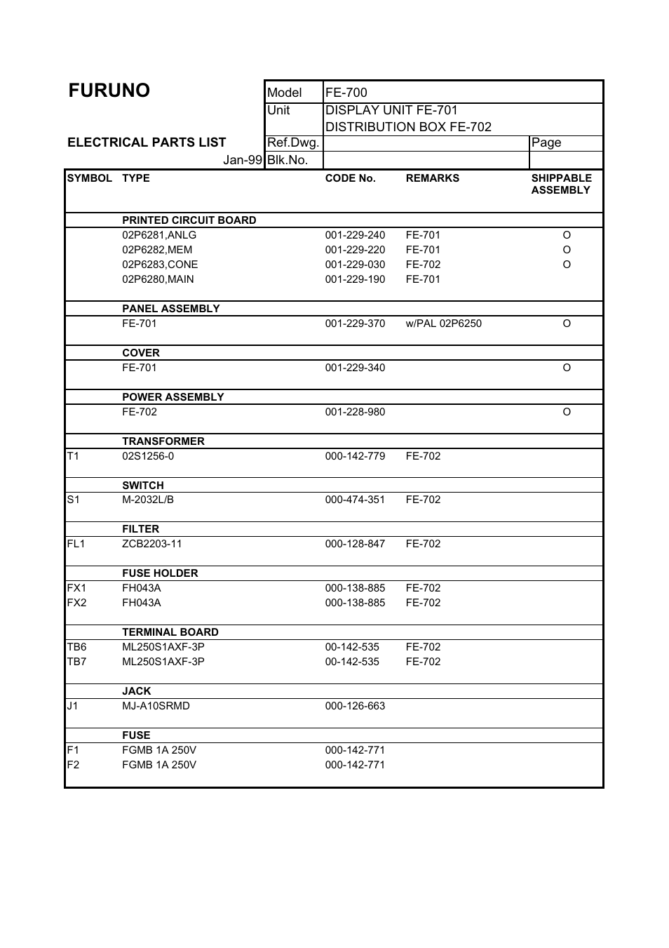Electrical parts list, Furuno | Furuno FE-700 User Manual | Page 43 / 44