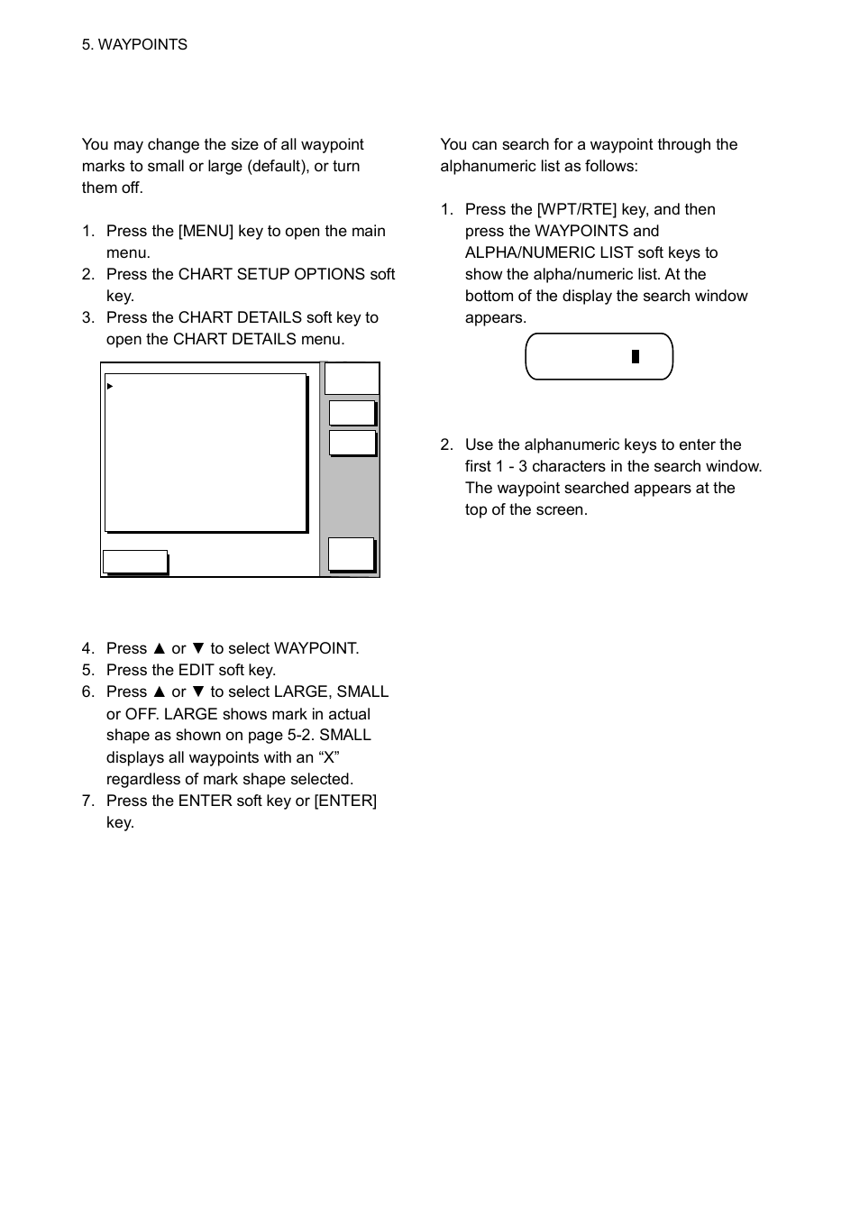 5 waypoint mark size, 6 searching waypoints | Furuno GP-1850WD User Manual | Page 40 / 98