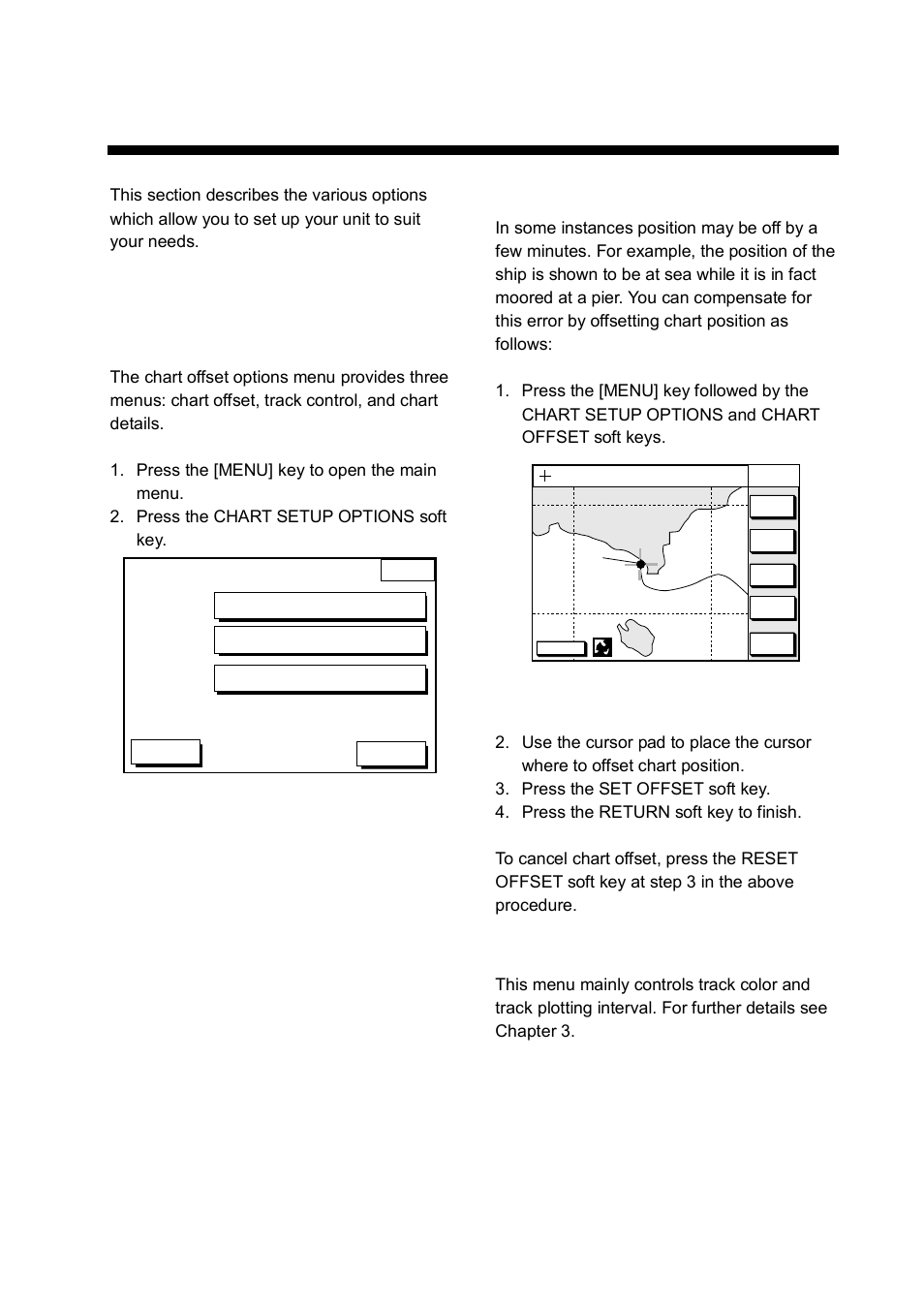 Customizing your unit, 1 chart setup options menu, Chart offset menu | Track control menu | Furuno GP-1850WD User Manual | Page 61 / 98