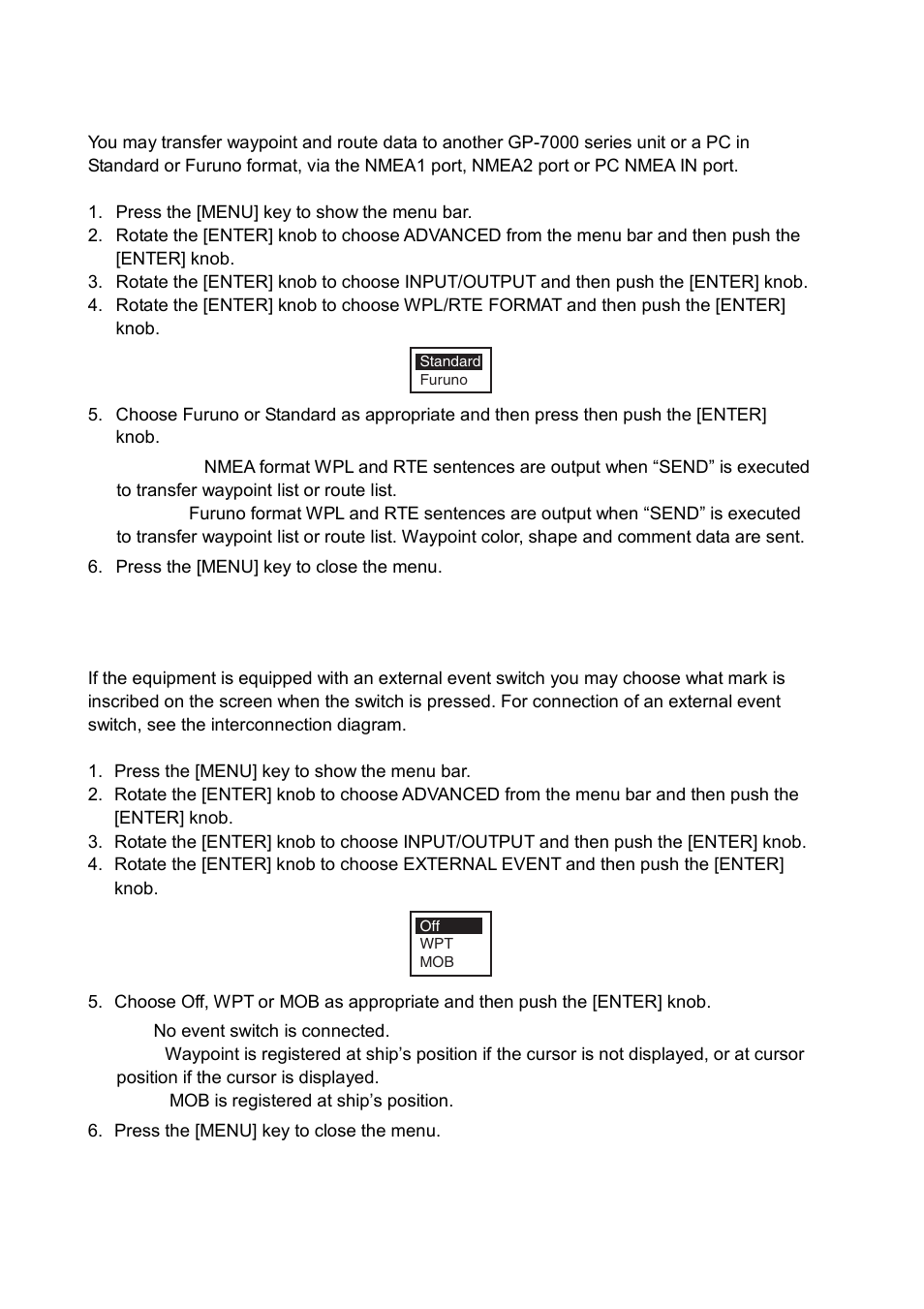 4 waypoint, route format, 5 external event format | Furuno GP-7000 User Manual | Page 18 / 28