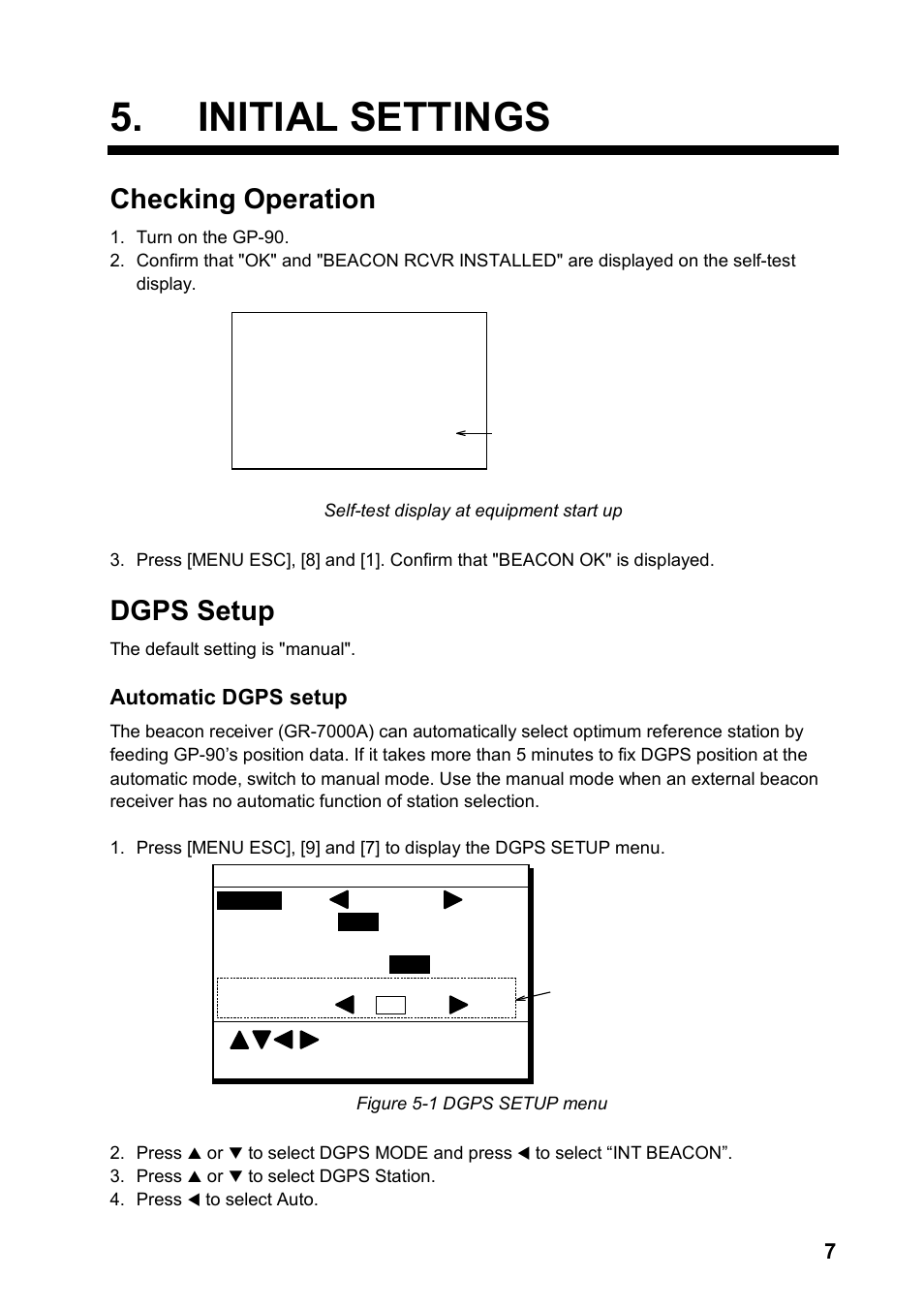Initial settings, Checking operation, Dgps setup | Automatic dgps setup | Furuno GP-90 User Manual | Page 9 / 36