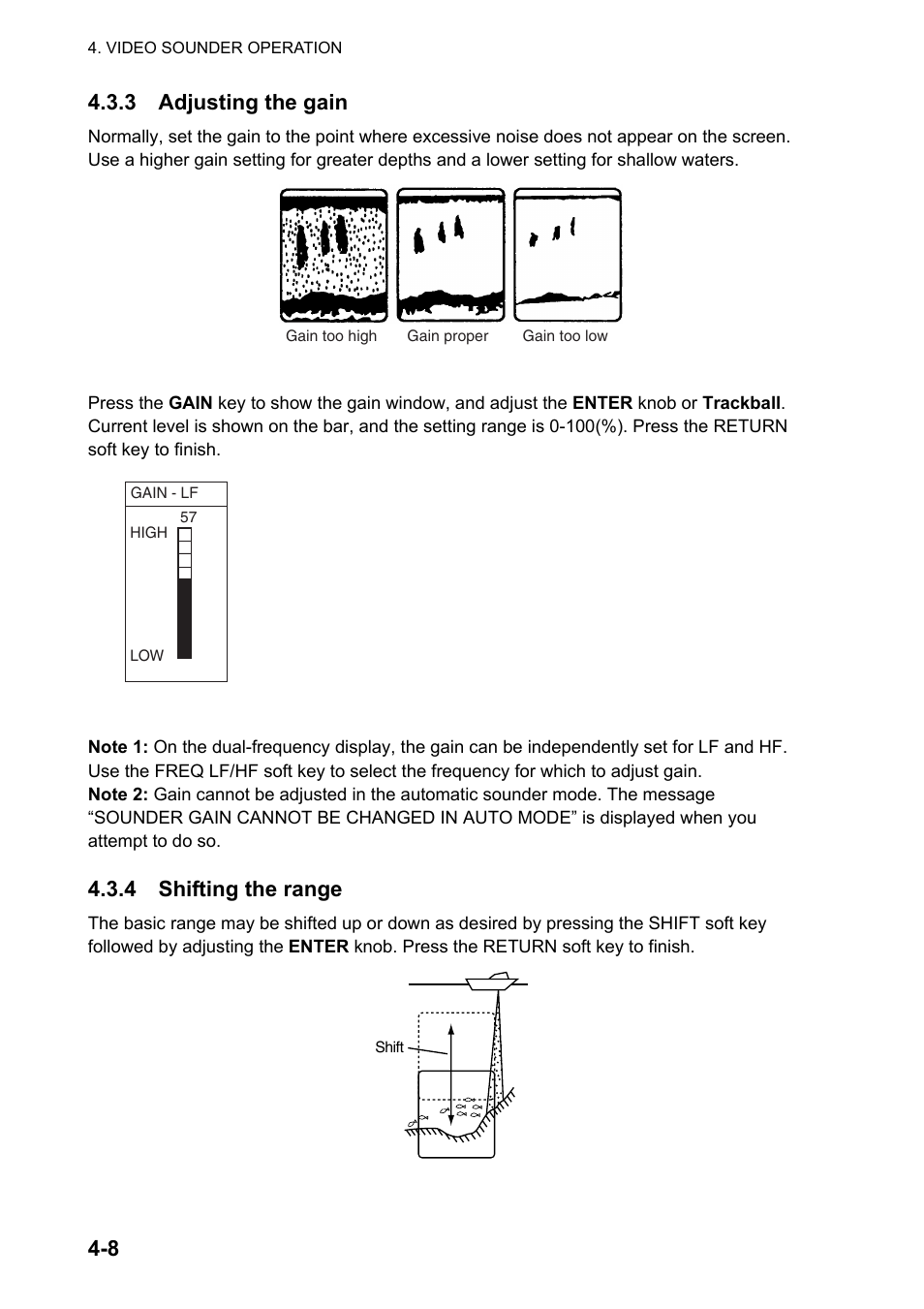 8 4.3.3 adjusting the gain, 4 shifting the range | Furuno NAVNET GD-1920C User Manual | Page 129 / 239