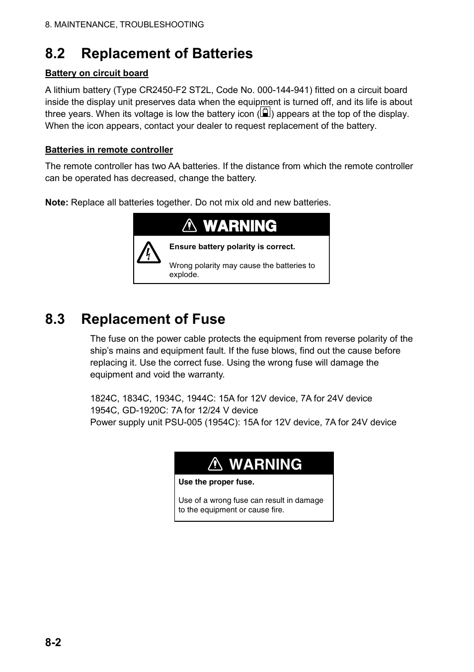 2 replacement of batteries, 3 replacement of fuse, Warning | Furuno NAVNET GD-1920C User Manual | Page 201 / 239