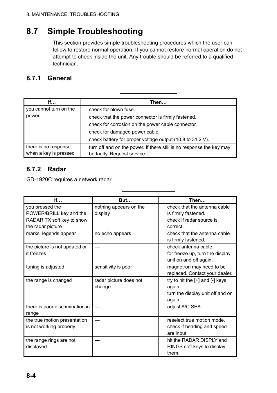 7 simple troubleshooting, 1 general, 2 radar | Furuno NAVNET GD-1920C User Manual | Page 203 / 239