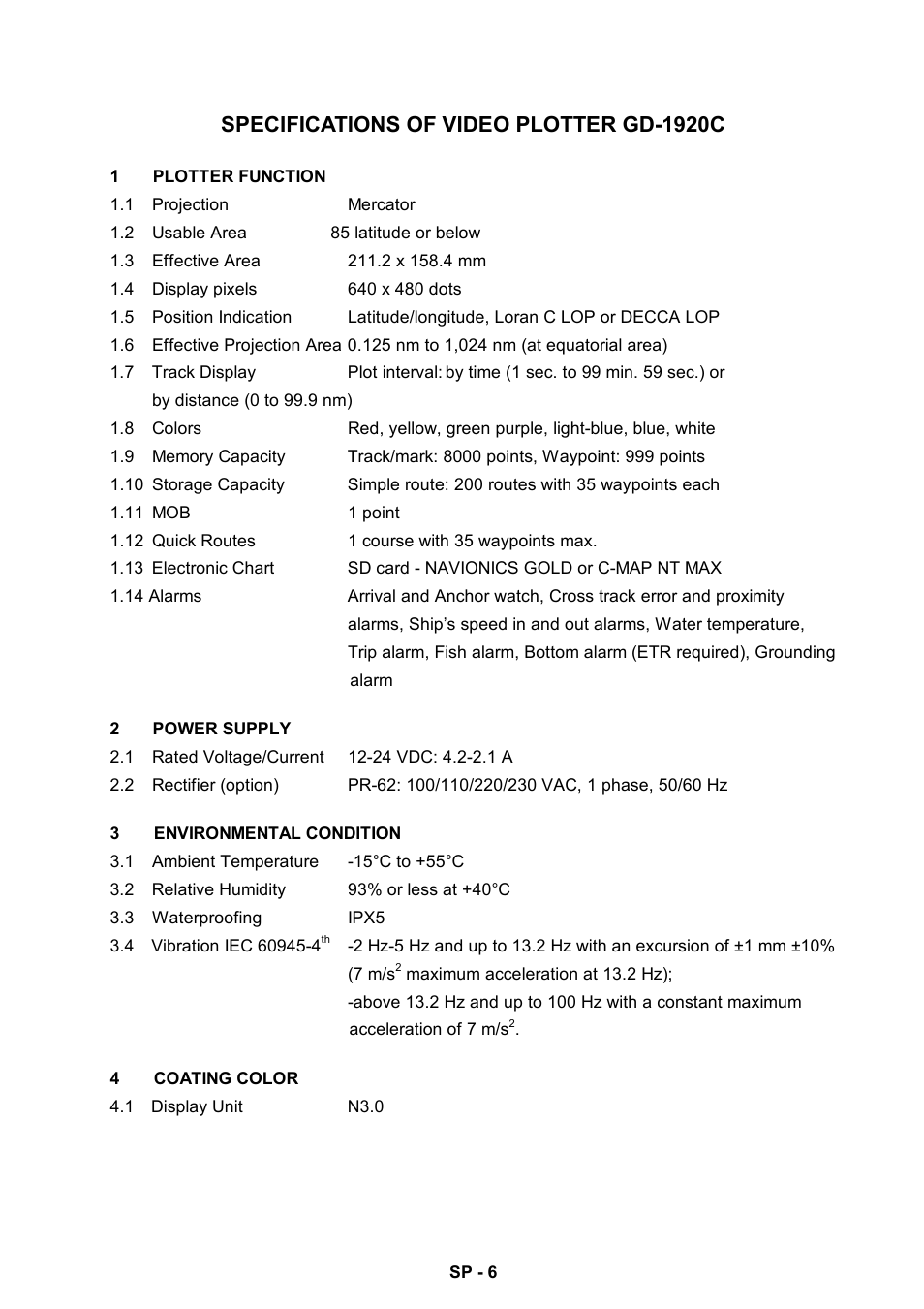 Specifications of video plotter gd-1920c | Furuno NAVNET GD-1920C User Manual | Page 231 / 239
