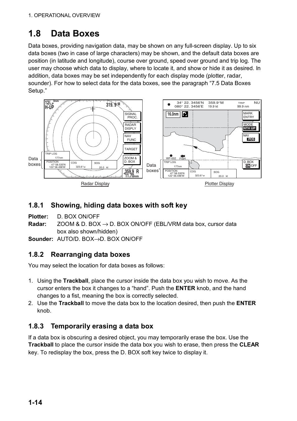 8 data boxes, 1 showing, hiding data boxes with soft key, 2 rearranging data boxes | 3 temporarily erasing a data box, Data boxes, Plotter: d. box on/off radar: zoom & d. box, D. box on/off, 12/ h-up | Furuno NAVNET GD-1920C User Manual | Page 25 / 239