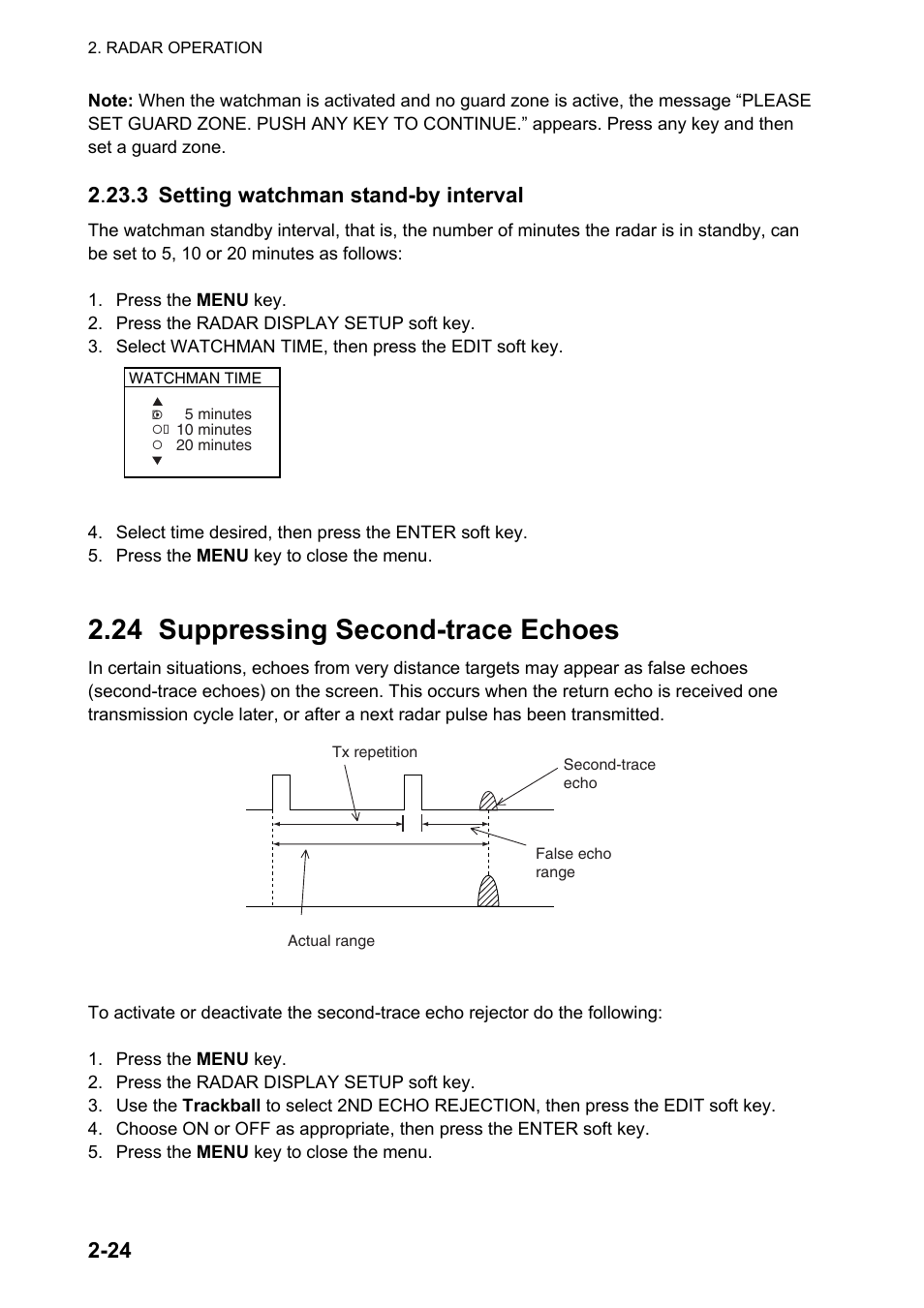 24 suppressing second-trace echoes, 2 . 23.3 setting watchman stand-by interval | Furuno NAVNET GD-1920C User Manual | Page 53 / 239