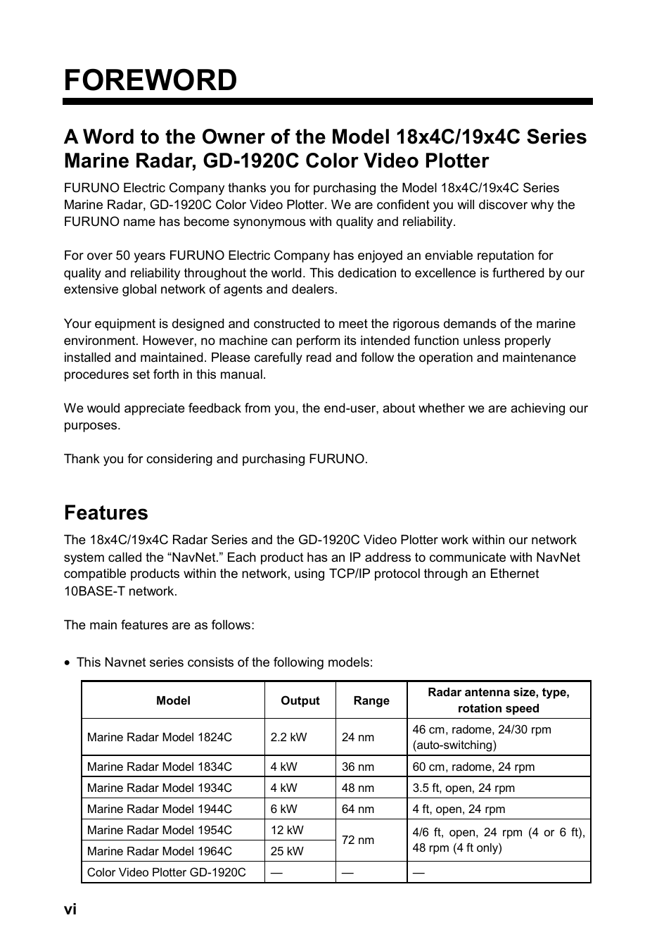 Foreword, Features | Furuno NAVNET GD-1920C User Manual | Page 7 / 239