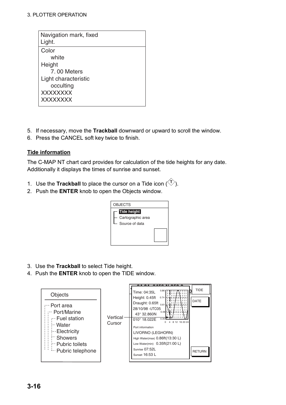 Push the enter knob to open the objects window, Tide window | Furuno NAVNET GD-1920C User Manual | Page 81 / 239