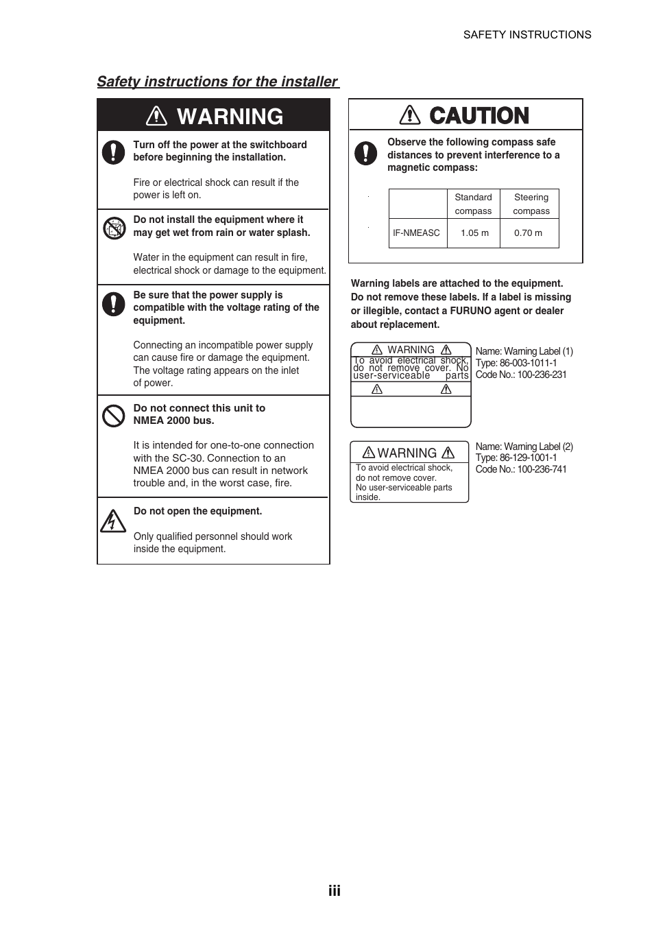 Caution, Warning, Safety instructions for the installer | Furuno IF-NMEASC User Manual | Page 5 / 28