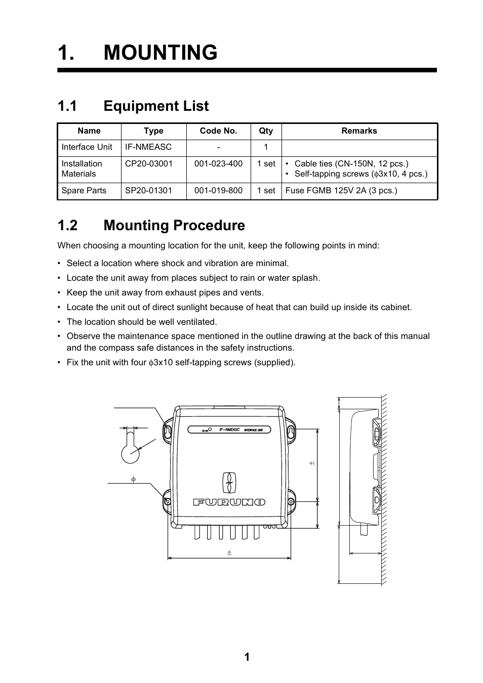 Mounting, 1 equipment list, 2 mounting procedure | 1 equipment list 1.2 mounting procedure | Furuno IF-NMEASC User Manual | Page 9 / 28