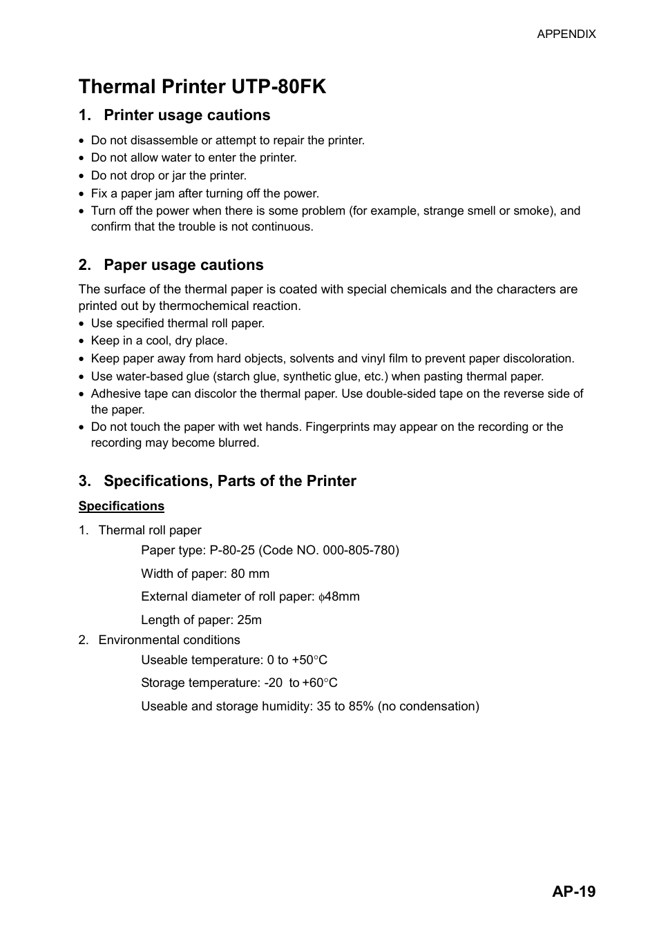 Thermal printer utp-80fk, Ap-19, Printer usage cautions | Paper usage cautions, Specifications, parts of the printer | Furuno FM-8800D User Manual | Page 125 / 137