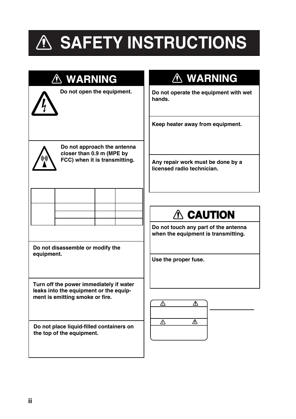 Safety instructions, Warning, Warning caution | Furuno FM-8800D User Manual | Page 4 / 137