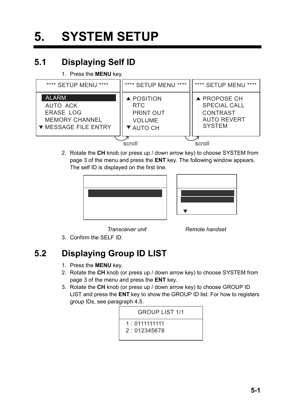 System setup, 1 displaying self id, 2 displaying group id list | Furuno FM-8800D User Manual | Page 95 / 137