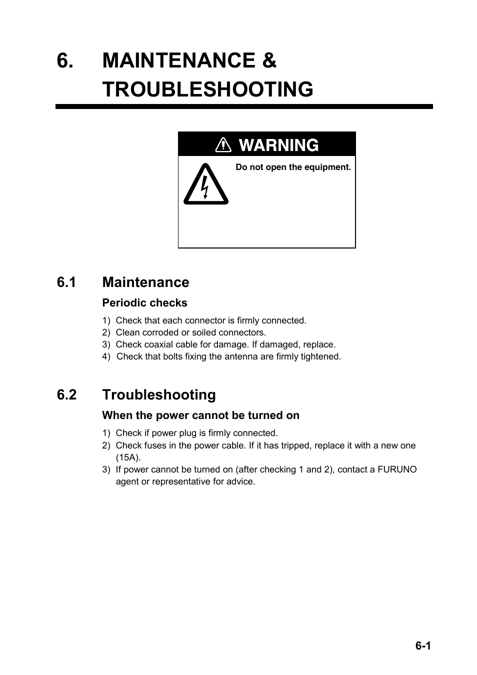 Maintenance & troubleshooting, 1 maintenance, 2 troubleshooting | Warning | Furuno FM-8800D User Manual | Page 99 / 137