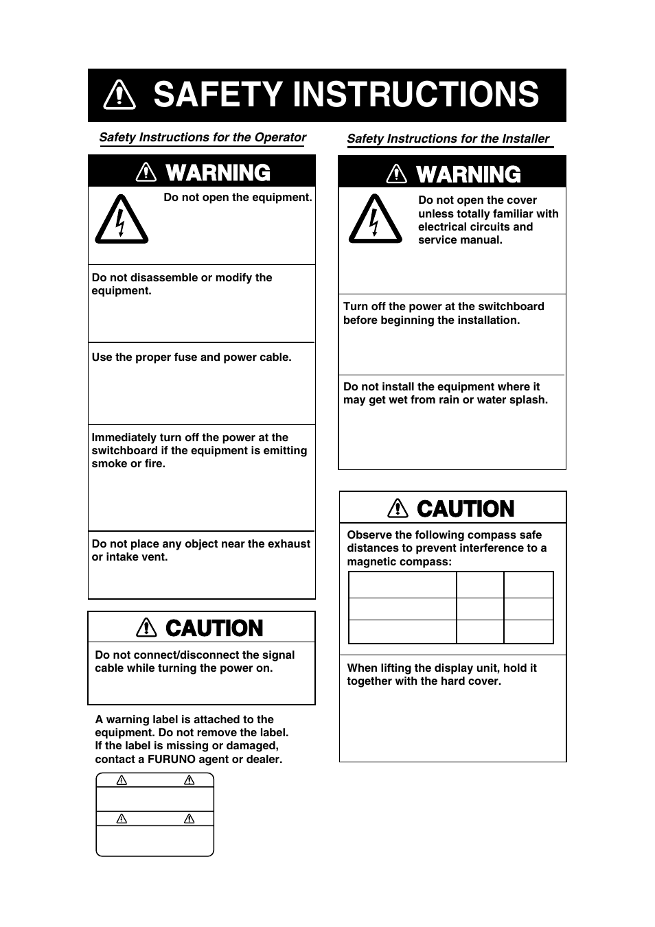 Safety instructions, Warning, Caution | Furuno LCD DISPLAY MU-155C User Manual | Page 3 / 36