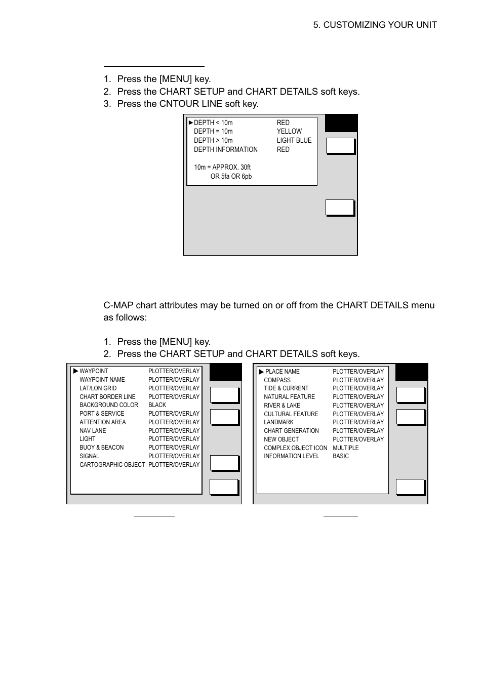 3 c-map chart attributes, Contour line menu (furuno, navcharts, Chart details menu (c-map) | Customizing your unit | Furuno NAVNET 1823C User Manual | Page 189 / 260