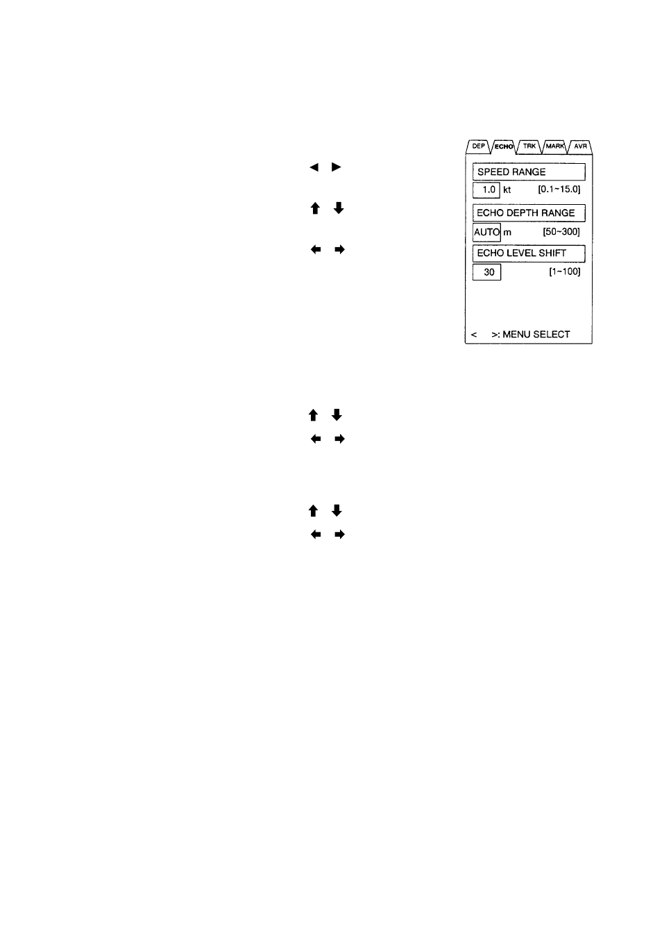 Setting up the echo display, Setting tide speed vector range, Setting echo depth range | Setting echo intensity, Registering settings, closing the menu | Furuno CI-80 User Manual | Page 27 / 41